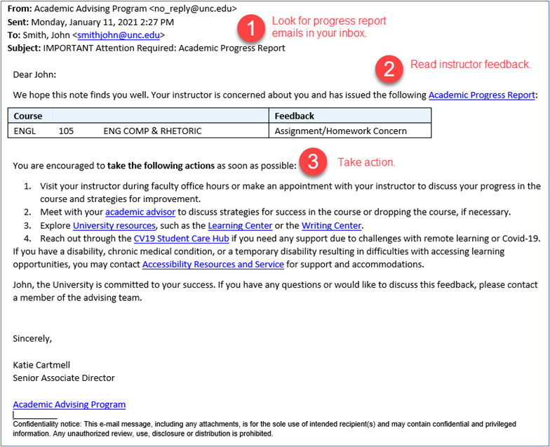Screenshot example of an email communication a student might receive.