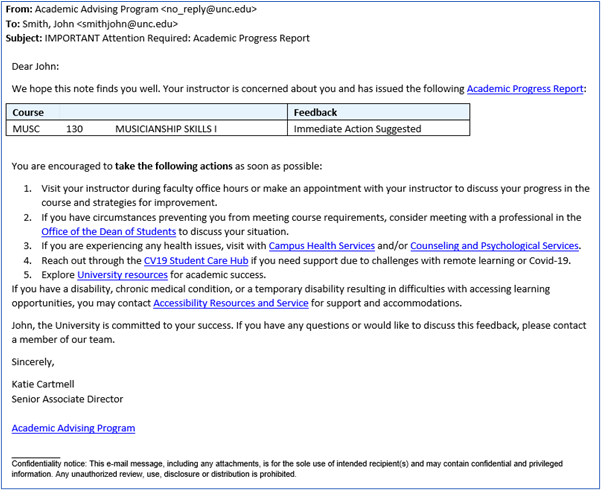 Screenshot example of an Immediate Action or General Concern email template a student might receive.