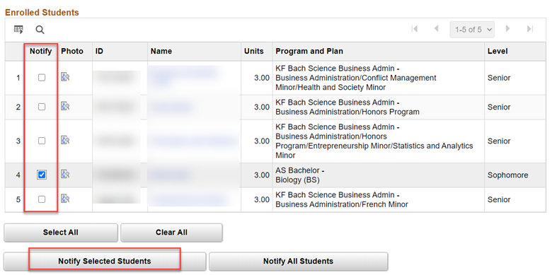 Screenshot of how you can provide students with more information about the context of selected APR comments, step 2. Select one or more students to email directly by clicking the “notify” checkbox. Then click “notify selected students” at the bottom of the page.