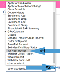 Screenshot of how to view requirements via your Tar Heel Tracker, step 3. Click on Tar Heel Tracker on the drop-down and press the double arrow on the right-hand side.