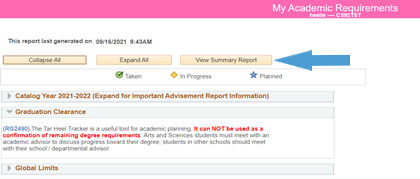 Screenshot of how to view requirements via your Tar Heel Tracker, step 4. Click on “View Summary Report” (this will give you a clean way to view your requirements in a PDF view).