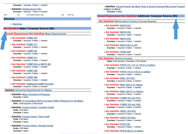 Screenshot of a Tarheel Tracker Summary Report highlighting sections that are not satisfied. 